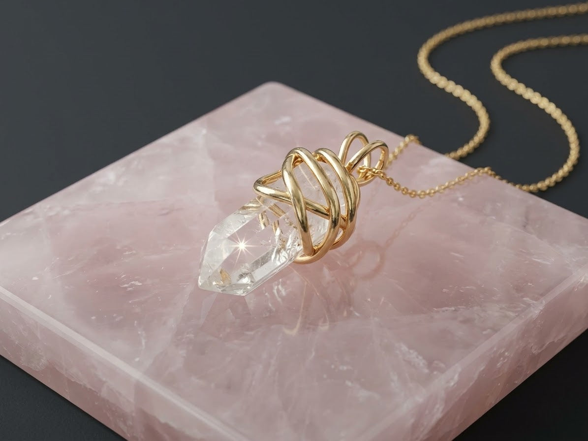 Clear Crystal Quartz Point Pendant with Gold-Colored Wire Wrap