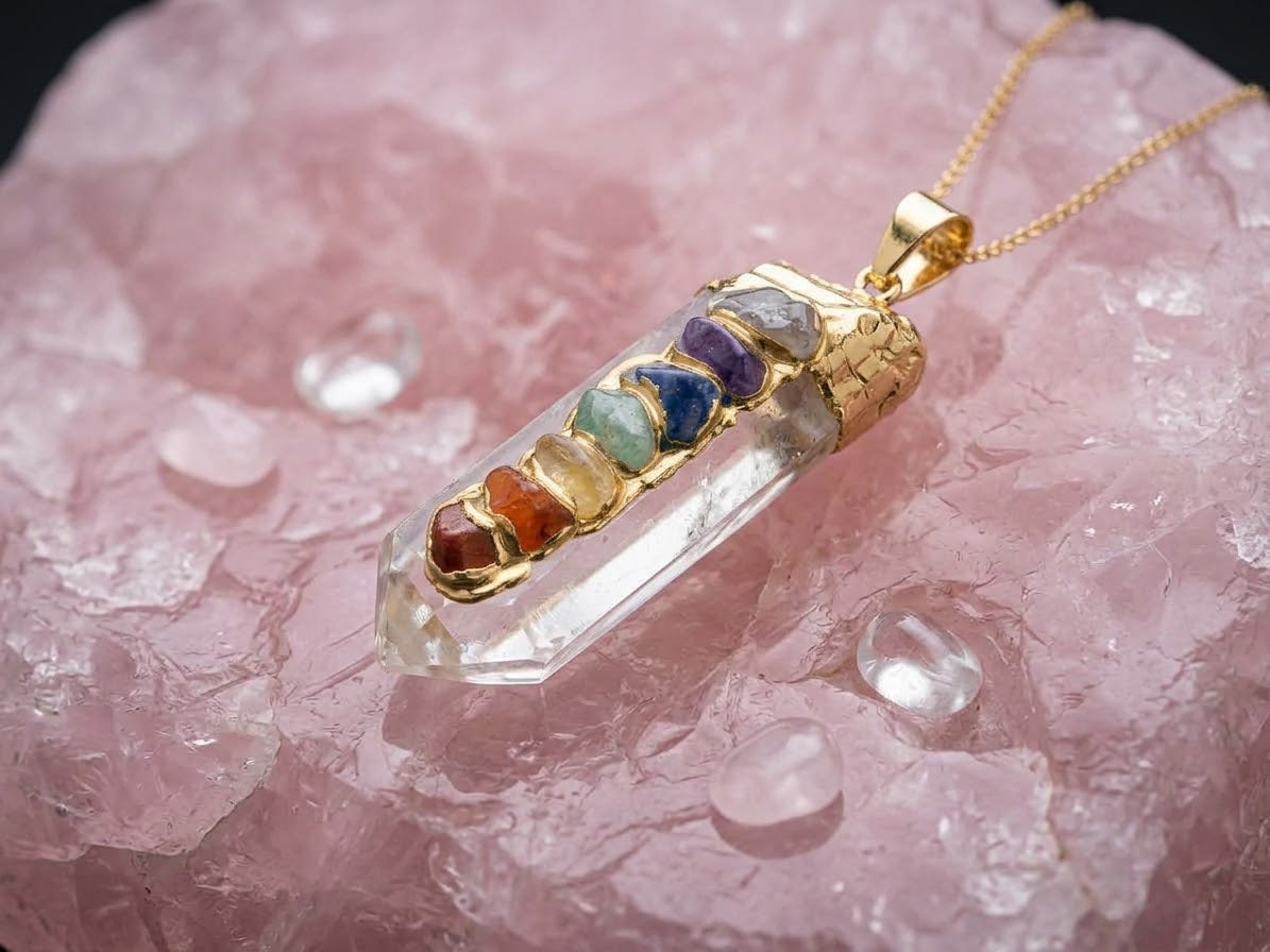 Crystal Quartz Point Pendant with Seven Chakra Stones